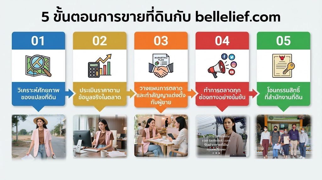 แผนภาพแสดงกระบวนการทำงาน 4 ขั้นตอนของ bellelief ตั้งแต่การวิเคราะห์จนถึงการปิดการขายที่ดิน