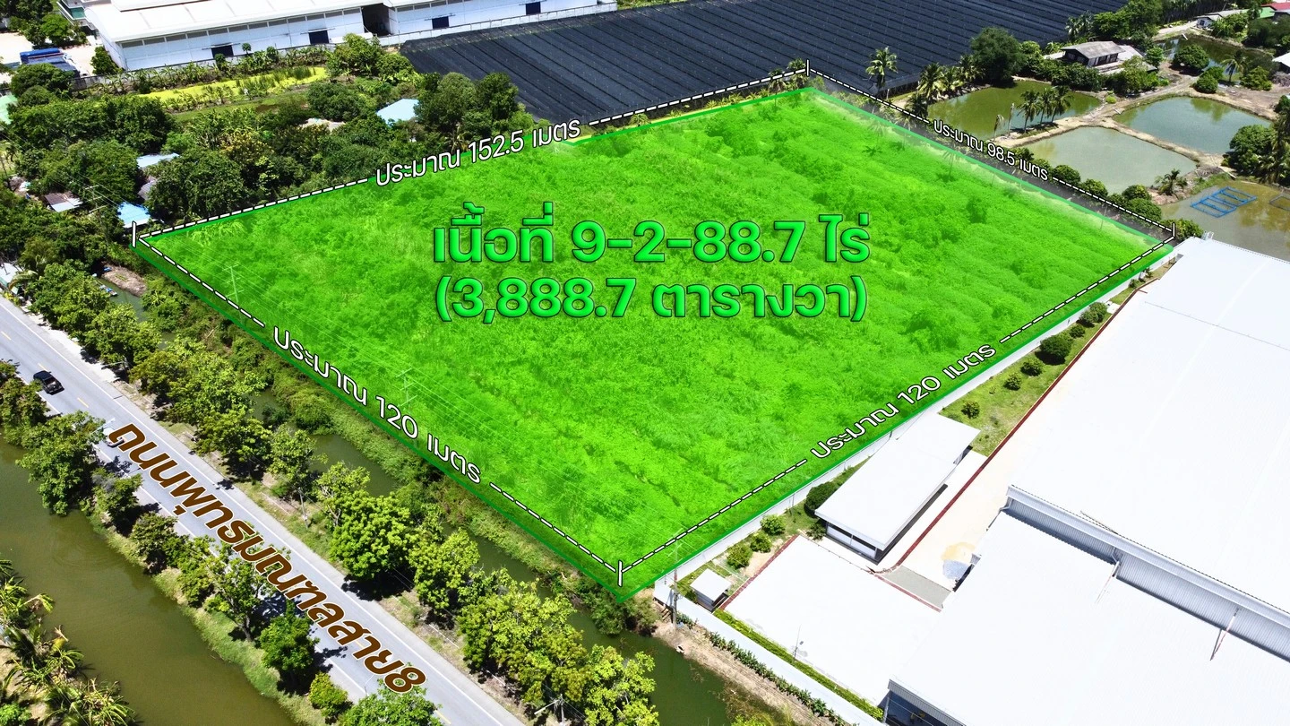 ขาย ที่ดินพุทธมณฑล สาย 8 นครปฐม ตำบลขุนแก้ว นครชัยศรี ติดถนนพุทธมณฑลสาย 8 เนื้อที่ 9-2-88.7 ไร่ พื้นที่สีเขียว เหมาะลงทุนทำโครงการแนวราบ ทำเลดี